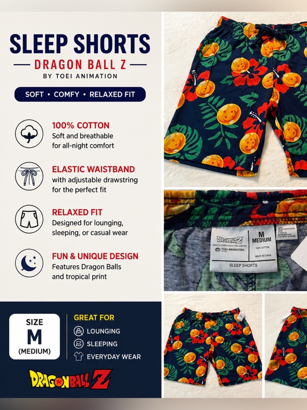 Dragon Ball Z Men’s Tropical Print Lounge/Sleep Shorts NWT Size M 100% Cotton